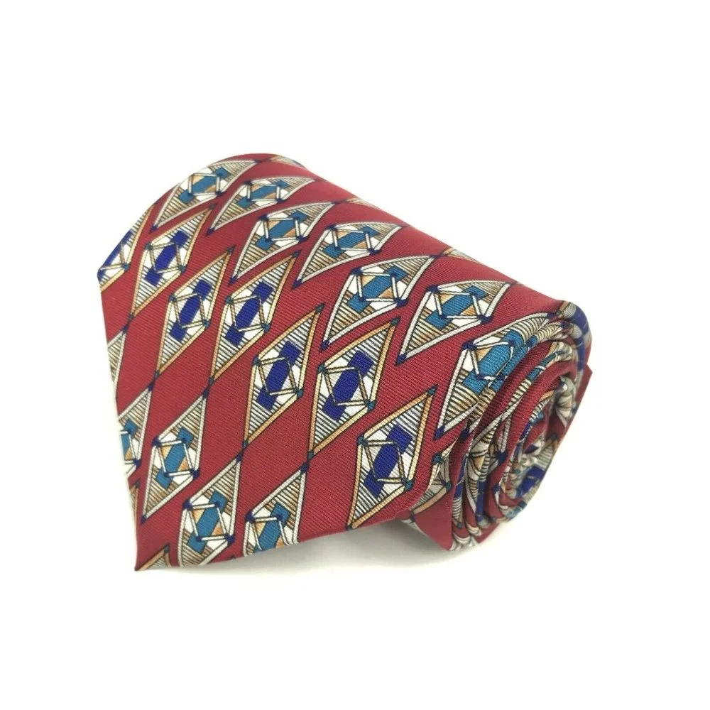 Christian Dior Men's Traditional Red Blue White Argyle‎ Geometric Silk Neck Tie
